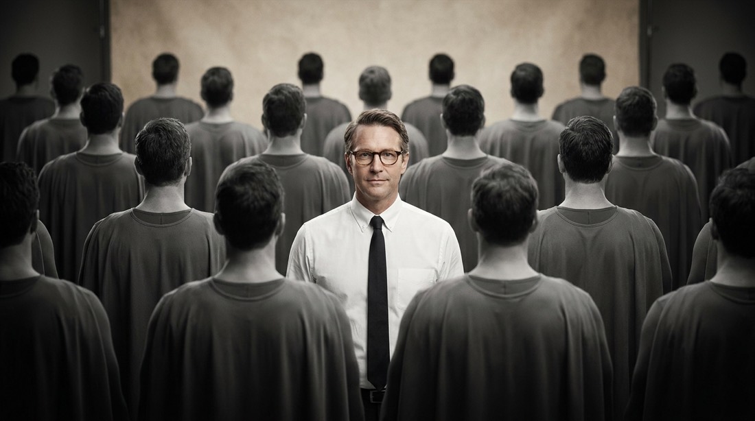 A grey crowd in identical capes, backs turned. One man in the center stands in color, facing you.